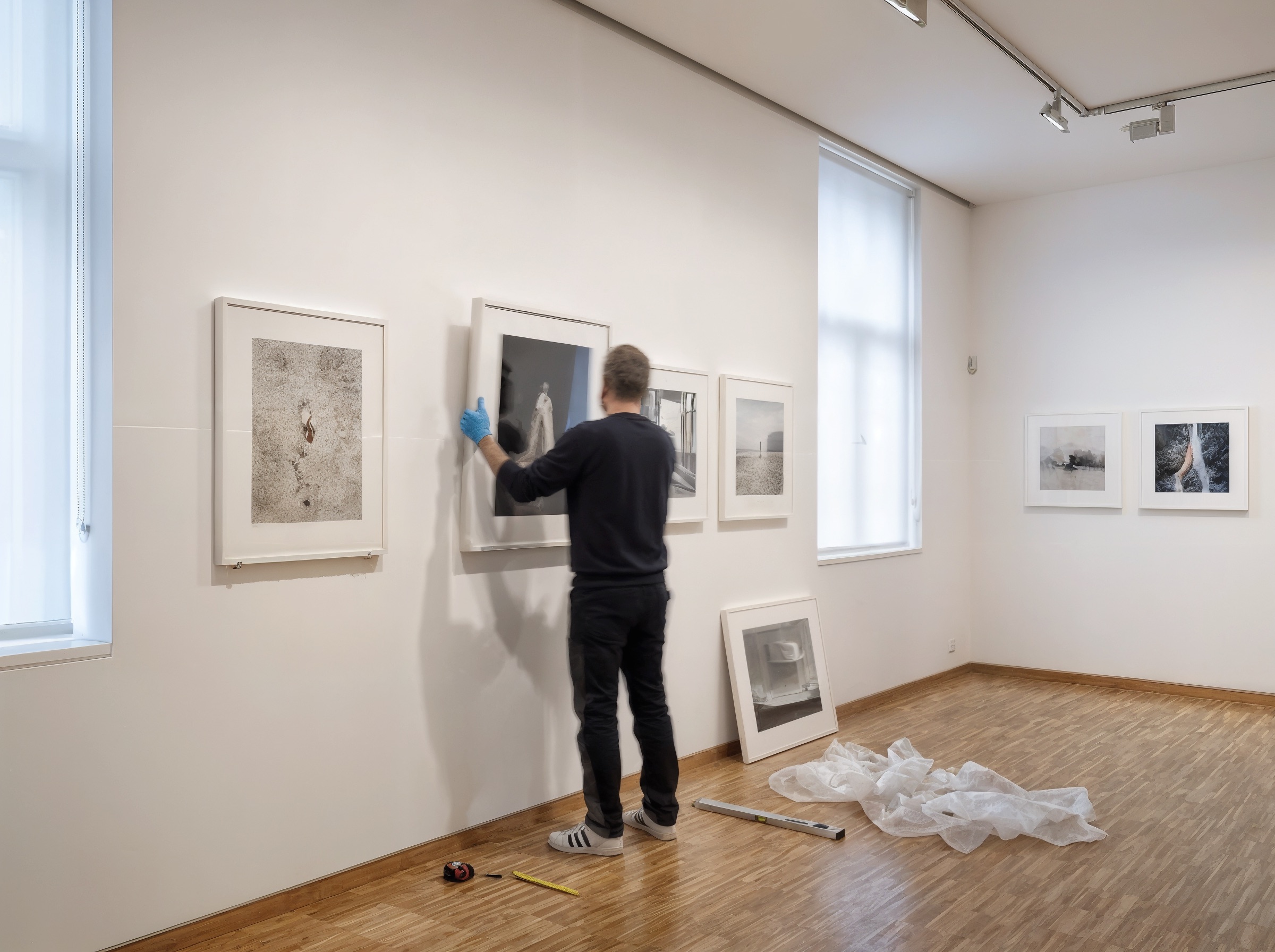 Accrochage d’œuvres dans une galerie